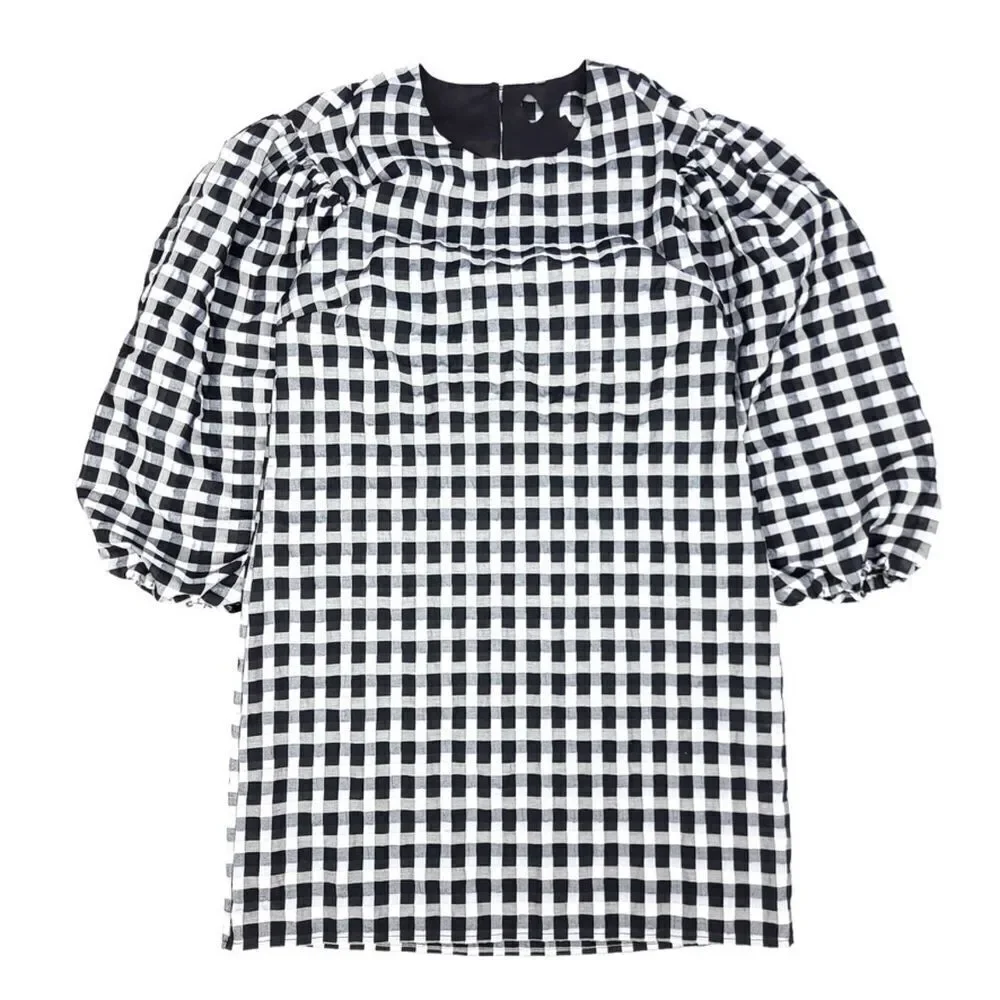 J CREW Puff Sleeve mini dress textured plaid Womens XS Cottagecore Black White